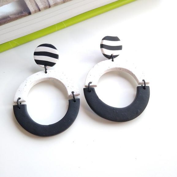 Black and White Statement Hoop Earrings - Picture 1 of 6